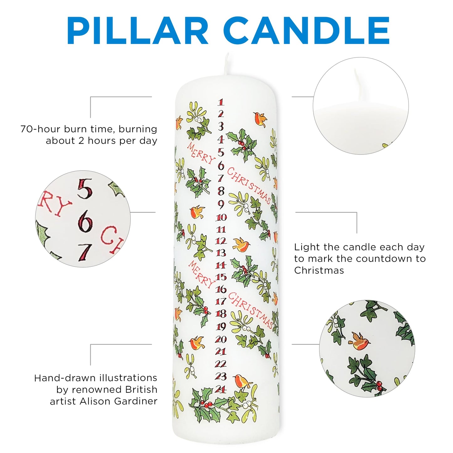 Alison Gardiner Holly and the Ivy Advent Pillar Candle – Unscented Wax Christmas Countdown, 70hr Burn, Handmade in UK – Festive Candle for Table, Mantel & Holiday Décor