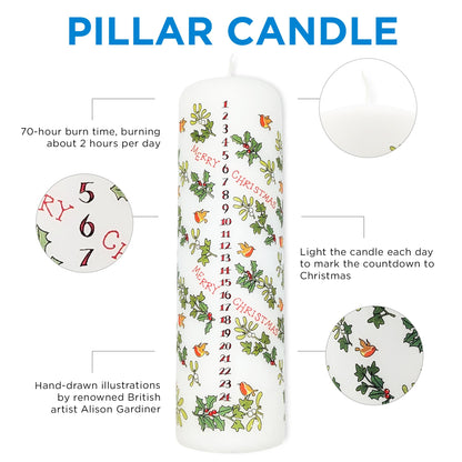 Alison Gardiner Holly and the Ivy Advent Pillar Candle – Unscented Wax Christmas Countdown, 70hr Burn, Handmade in UK – Festive Candle for Table, Mantel & Holiday Décor