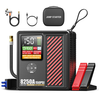 JFEGWO 8250A Jump Starter with 150PSI Air Compressor, 12V Car Battery Booster, 24000mAh Portable Tire Inflator for 12L Gas/10L Diesel, LED Display, LED Light, Storage Case, Jumper Cables Red