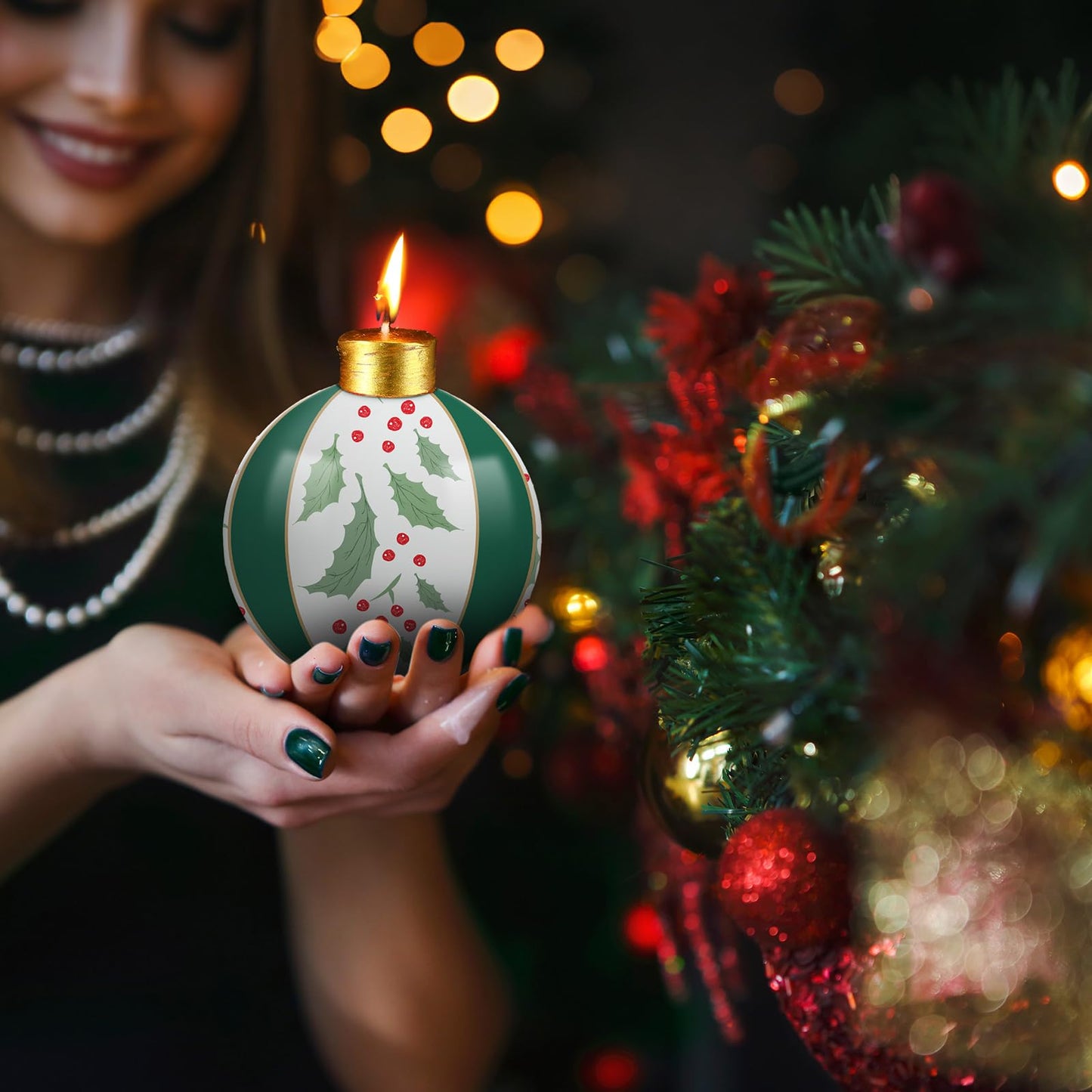 Lounsweer 4 Pcs Rustic Holly Berries Ball Candles Christmas, Round Ball Ornament Candles 3 Inch Unscented Decorative Sphere Candle for Weddings Christmas Home Decoration Gifts