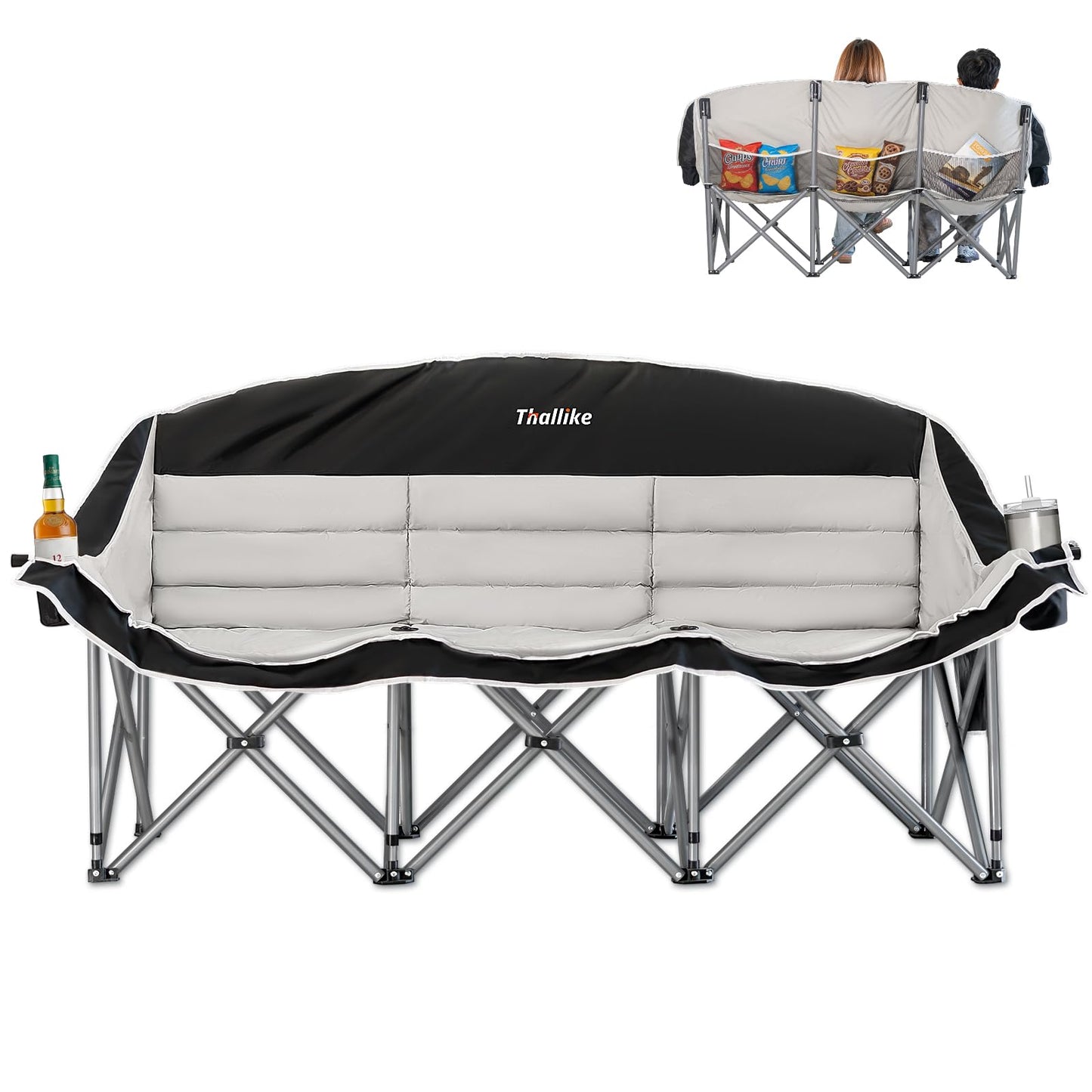 Thallike 3 Person Outdoor Camping Chair & Warm Oversized Camping Blanket with Hood