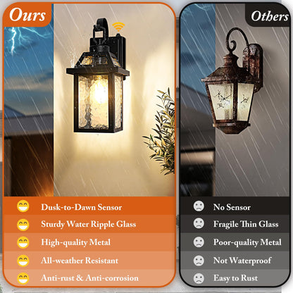 BesLowe Dusk to Dawn Outdoor Wall Lights, Black Metal, 13.8in 2-Pack, Model 30266S, Water Ripple Glass Sconces