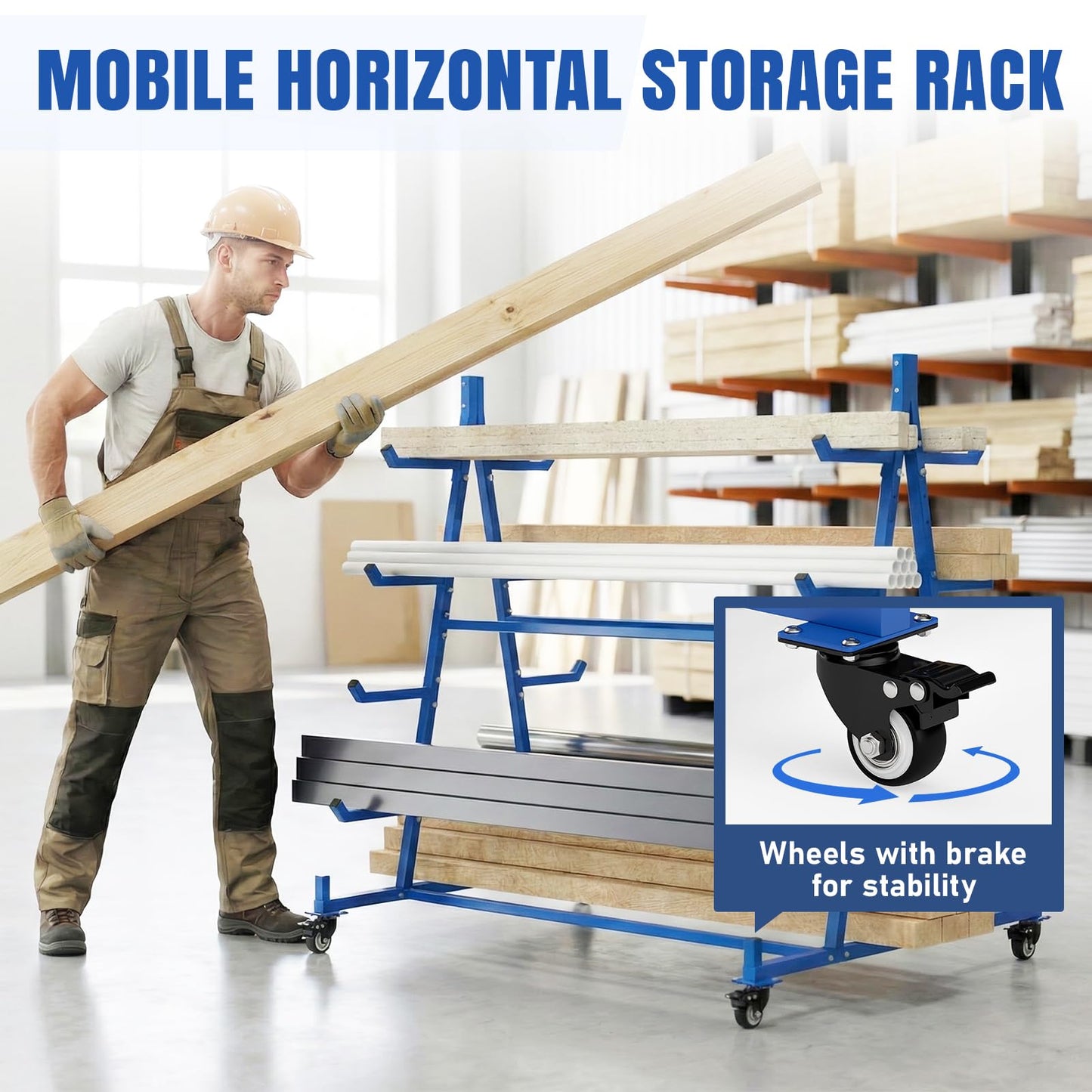 tonchean Lumber Storage Rack with Wheels 5 Tier Cantilever Racking for Storage Heavy Duty Conduit Rack Horizontal Storage Rack Pipe Rack Holds up to 1000lbs, 55.9" D x 46.2" W x 54.3" H