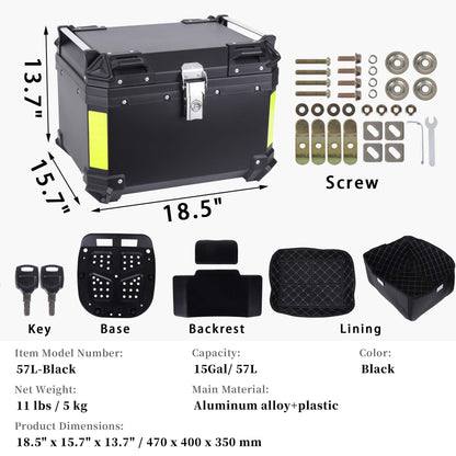 Kosoley Motorcycle Top Case 57L Trunk Tail Box Bag Aluminum alloy handle with Leather Lining Anti-Theft with Lock & Back Cushion Waterproof Dustproof Easy Installation with Universal Bracket Black