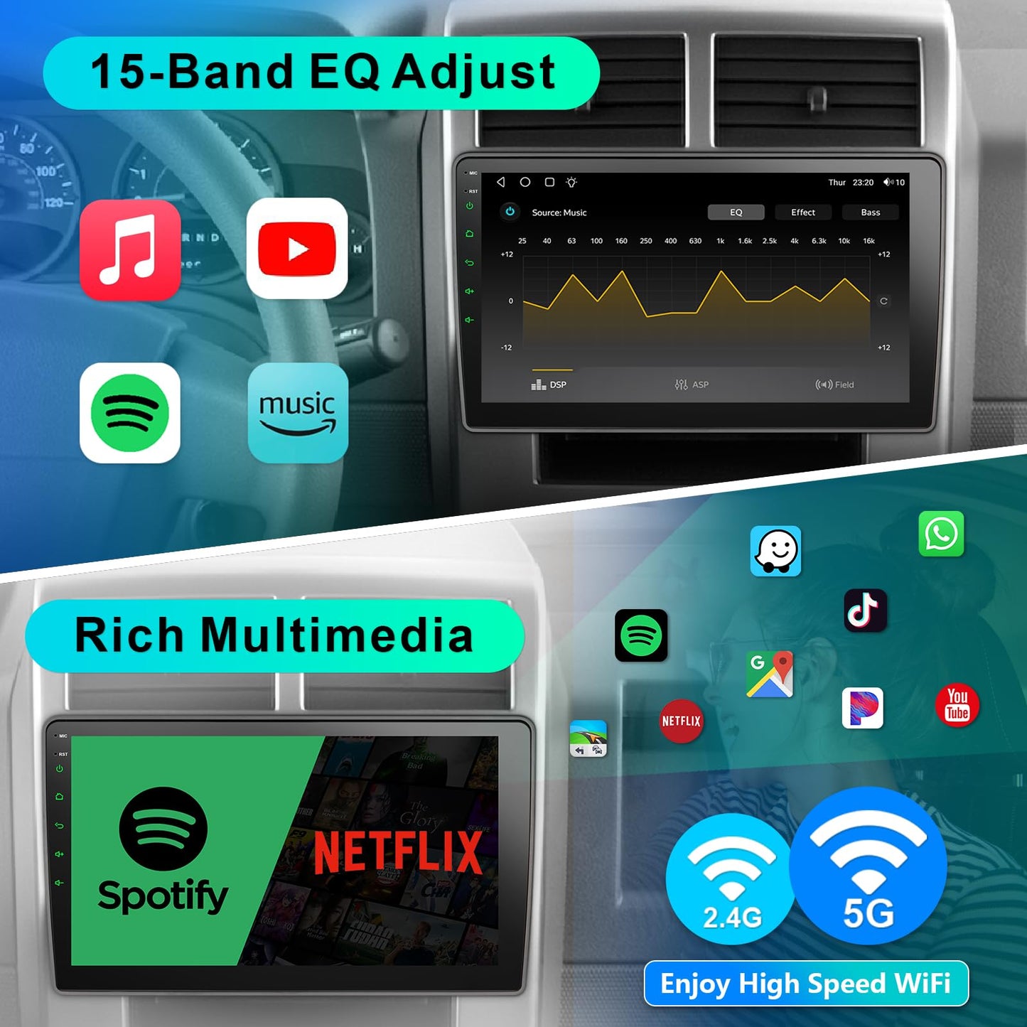 8 Core Car Radio 64G for Jeep Wrangler JK Compass Grand Cherokee Dodge Ram Upgrade Stereo Wireless CarPlay Android Auto,10 '' Touchscreen Head Unit GPS WiFi AM/FM SWC