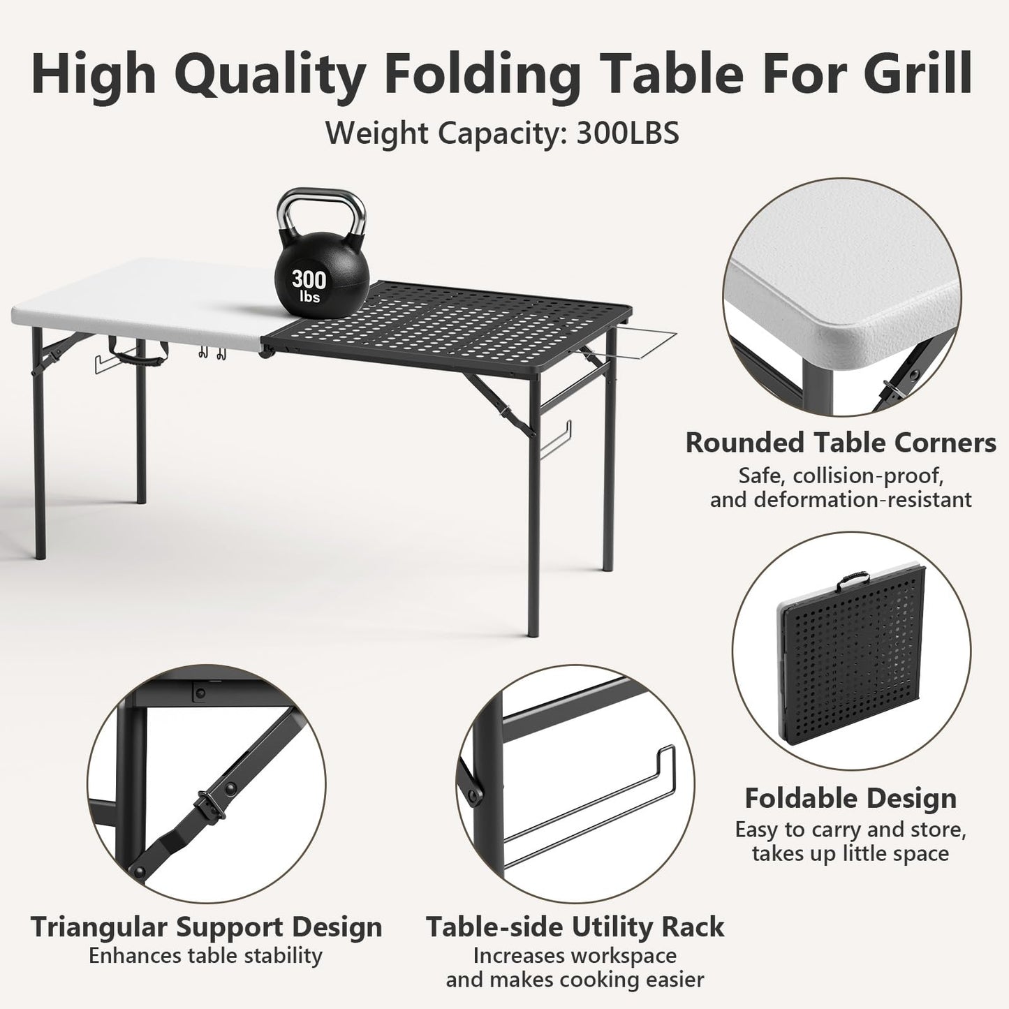 2 Pack 5ft Folding Table for Picnic Camping, Portable Outdoor Table with Metal Grid Grilling Surface, Heavy Duty Foldable Table for Cook Prep,Suitable for Camping, Backyard, Patio and Beach.