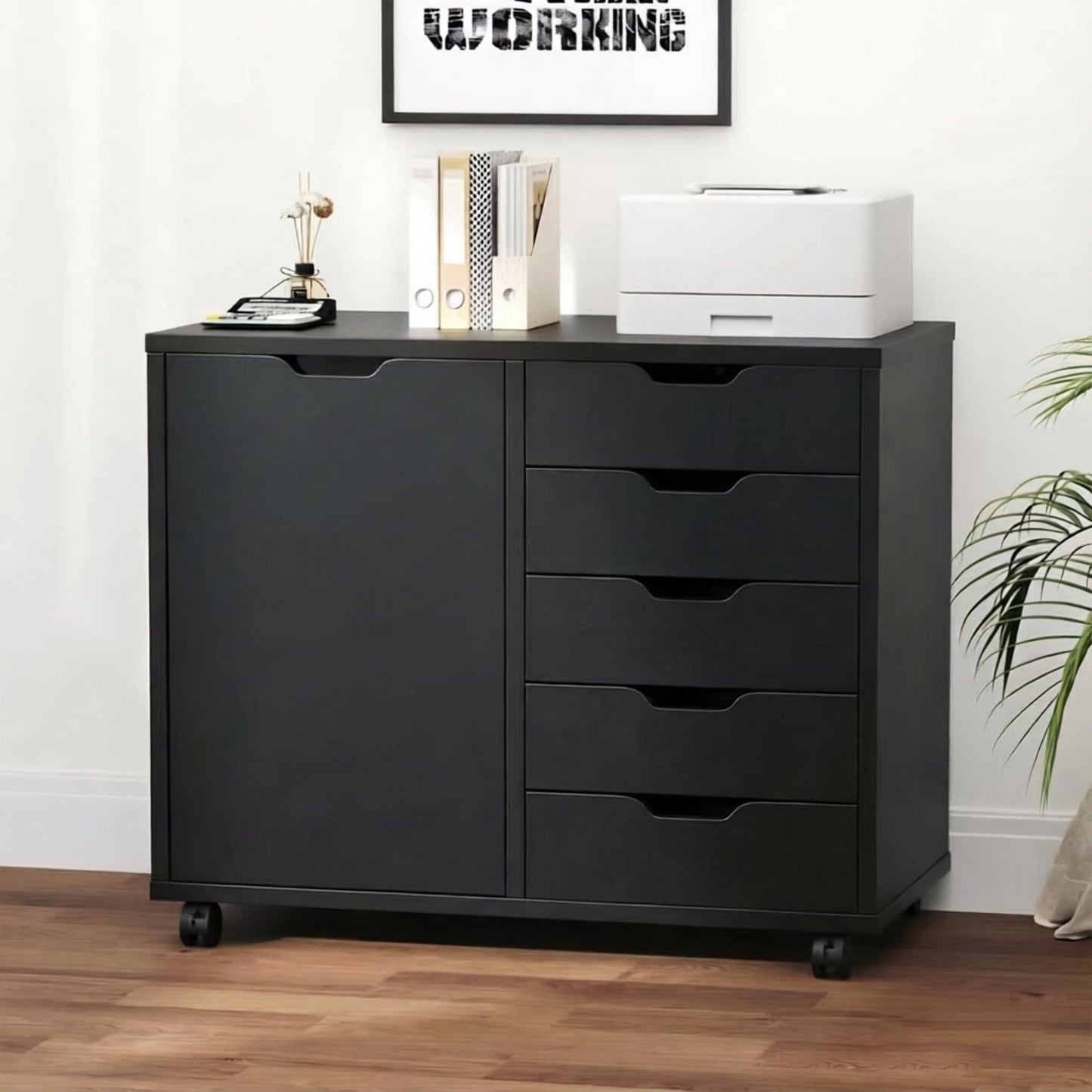 DUMOS 5 Drawer File Cabinet Office Drawers Organizer with Wheels Rolling, Under Desk Cabinets with Shelves and Door Printer Stand with Wood Board Metal Frame for Home Office Storage Craft Room, Black