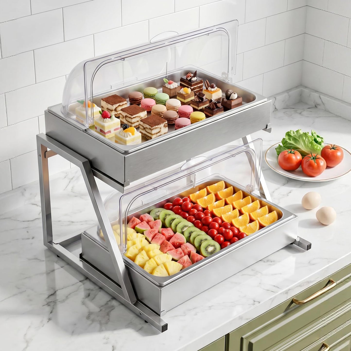 VEVOR Countertop Food Serving Display Container, 2 Tier Stainless Steel Food Salad Server Tray, Buffet Condiment Dispenser, Ice Cooled Rack with Clear Roll Top Cover, for Restaurant Hotel (1/1 Pan x2)
