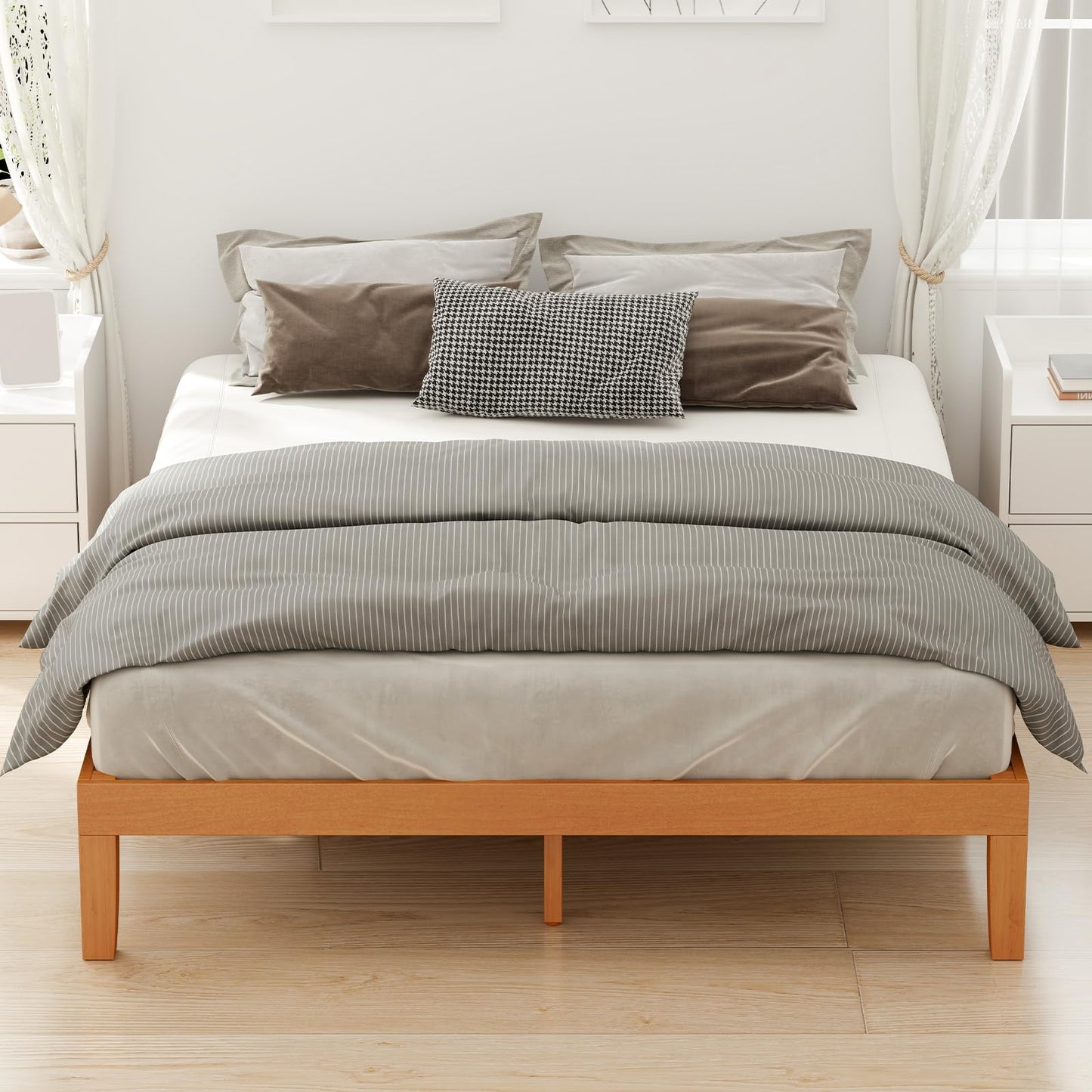 Sweetcrispy Queen Wood Platform Bed Frame, Solid 1000LBS Heavy Duty Bed Base with Wooden Slat Support, Sturdy, Stylish & Noise-Free Design, No Box Spring Needed, 12IN Natural Pine