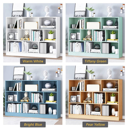 IOTXY Open Shelf Low Bookcase - Wooden 3-Tier Floor Standing Display Cabinet Organizer with Base, 10 Cubes Short Horizontal Bookshelf in Bright Blue