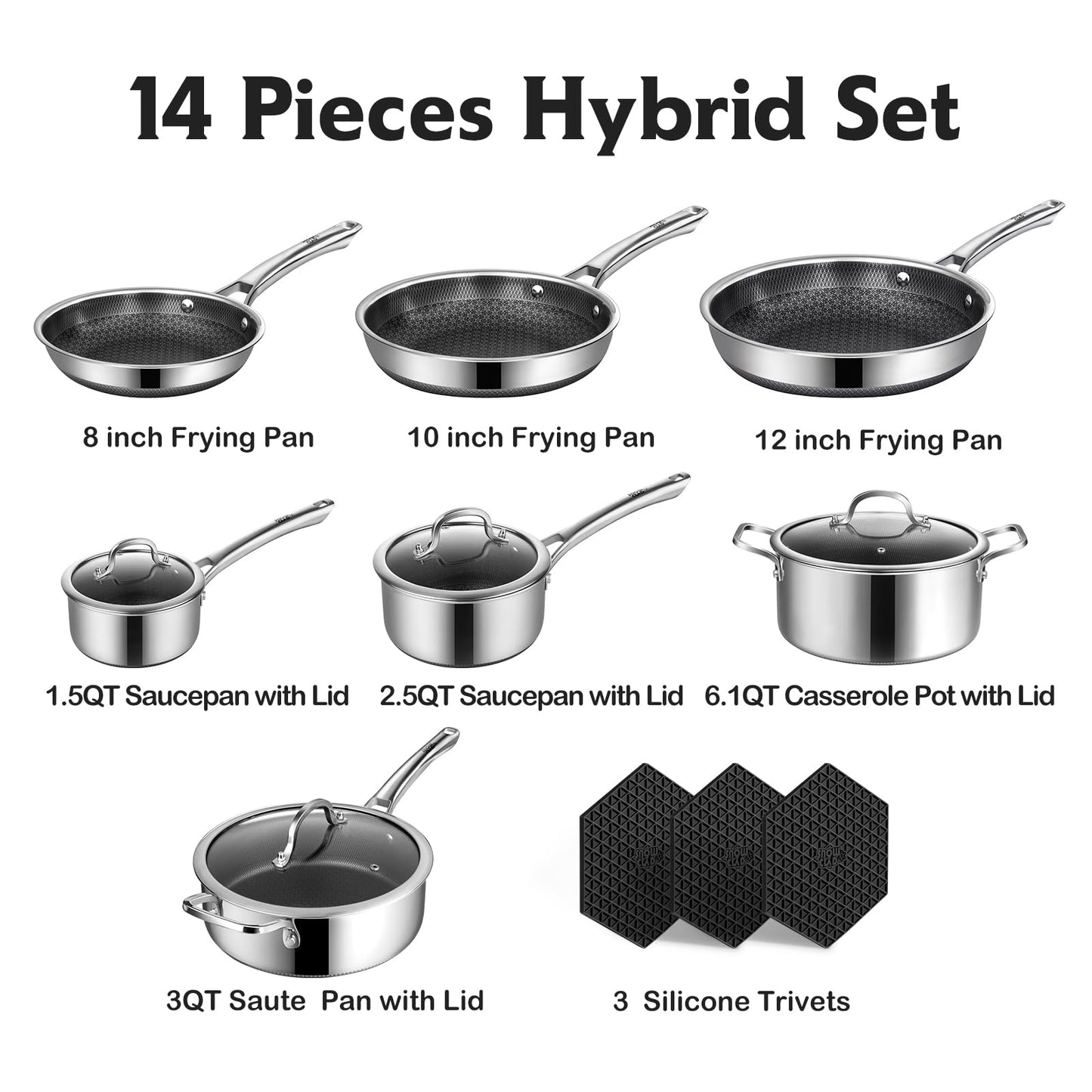 SNOWCLAD Pots and Pans Set Non Stick, 14 Pcs Hybrid Stainless Steel Cookware Sets, Non Stick Frying Pans, Saucepans, Saute Pan & Stock Pot, PFOA Free Kitchen Skillet,Induction Compatible