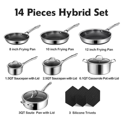 SNOWCLAD Pots and Pans Set Non Stick, 14 Pcs Hybrid Stainless Steel Cookware Sets, Non Stick Frying Pans, Saucepans, Saute Pan & Stock Pot, PFOA Free Kitchen Skillet,Induction Compatible