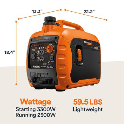 Generac 3,300-Watt Gas Powered Portable Inverter Generator - Lightweight and Compact - USB Ports for Device Charging - Produces Clean, Stable Power - Great for Home Backup, Camping, and RV Use
