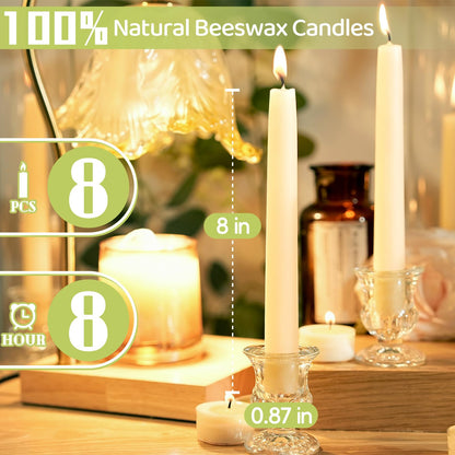 8 in Beeswax Taper Candles,8 Pack Dripless Pure White Beeswax Candle Sticks,8 Hours Long Burning Natural Bees Wax Candles for Home,Unscented Smokeless Tapered Candlesticks for Dinner