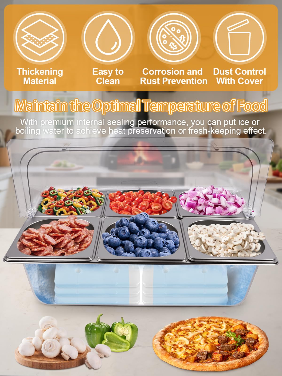 Kalolary Pizza Topping Storage Station, 7 Grids Stainless Steel Condiment Containers with Flip Lids Spoons Ice Box Food Tongs Ice Food Serving Display Container Salad Bar Buffet Station for Party