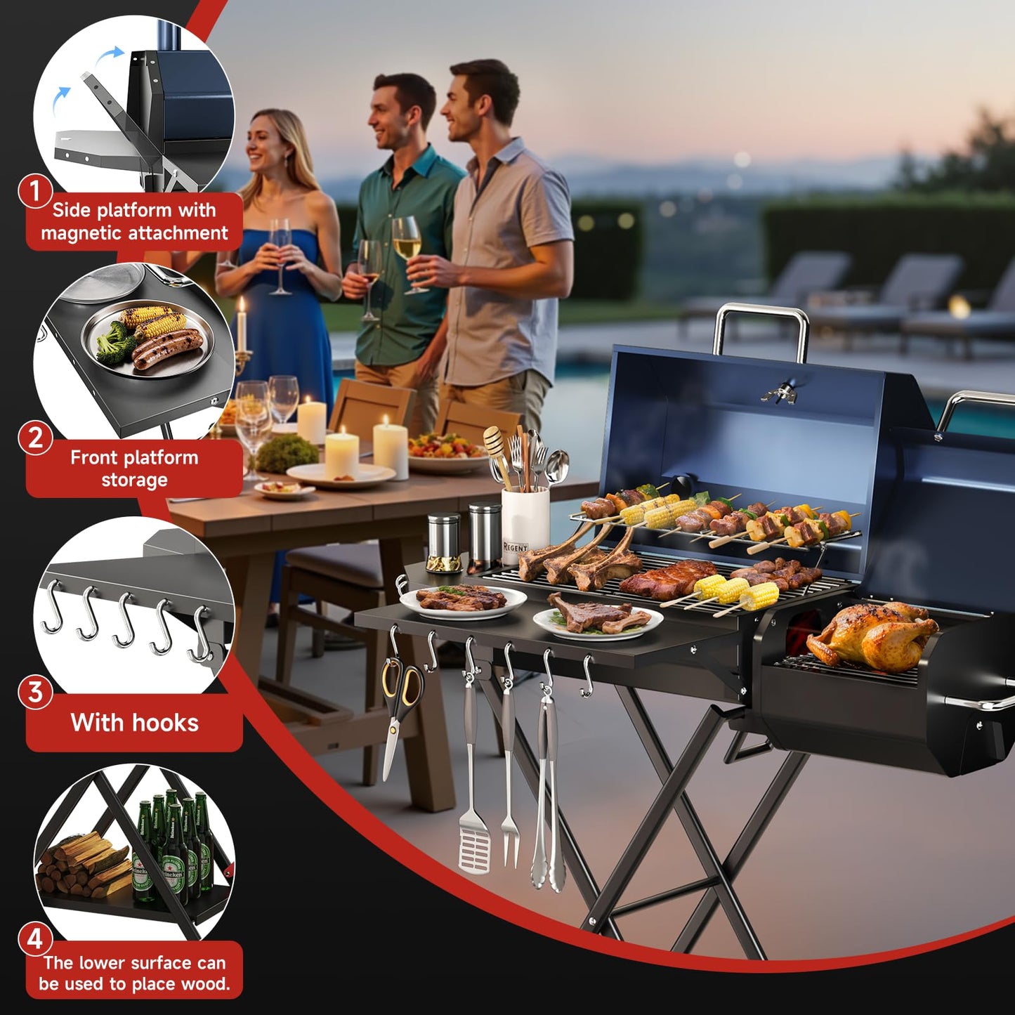kscocinaBBQ Portable Charcoal Grill with Smoking Function, Foldable Suitcase Design with Wheels, Multi-Tier Storage Rack & Waterproof Cover for Outdoor BBQ Parties (Blue)