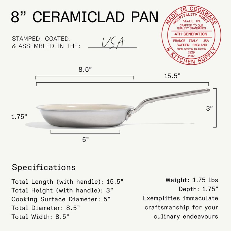 Made In Cookware - 8" Ceramic Non Stick Frying Pan (Discontinued CeramiClad 1.0) - 5-Ply Stainless Clad with Stay-Cool Handle - Professional Cookware - Crafted in USA - Induction Compatible