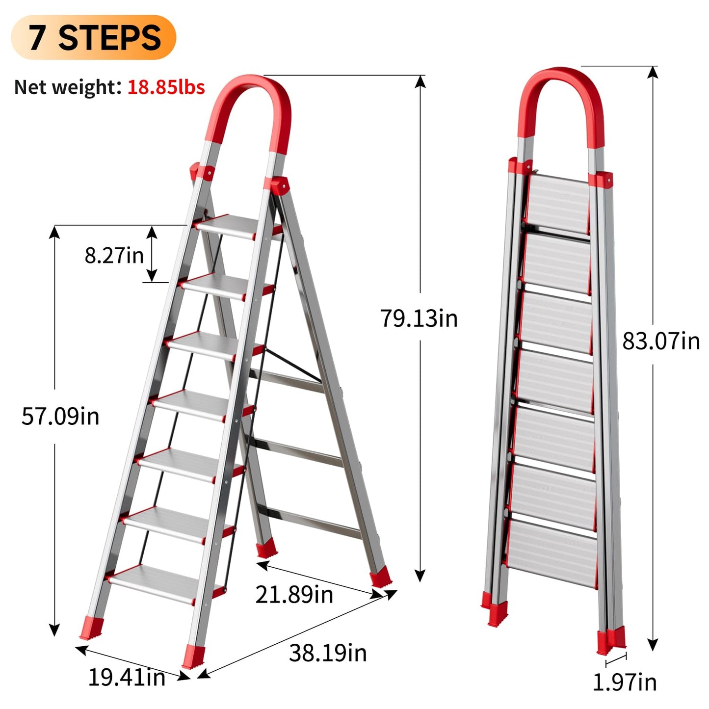 7 Step Ladder with Comfort Handrail,Folding Step Stool Heavy Duty,Protable Step Tool with Anti-Slip Widen Pedals,Safe-Lock Design,Tall Kitchen/Closet Step Ladder for Adults