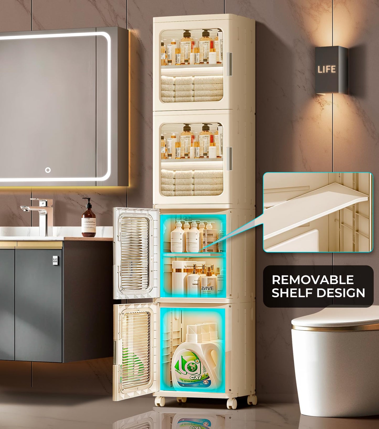 BUMODEL 4-Tier Tall Narrow Bathroom Storage Cabinet with Doors and Adjustable Shelves Slim Foldable Cabinets with Wheels Small Spaces Plastic Organizers for Kitchen Laundry Room Bedroom Pantry,Beige