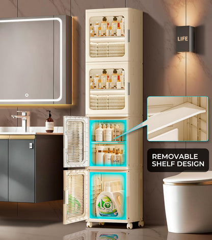 BUMODEL 4-Tier Tall Narrow Bathroom Storage Cabinet with Doors and Adjustable Shelves Slim Foldable Cabinets with Wheels Small Spaces Plastic Organizers for Kitchen Laundry Room Bedroom Pantry,Beige