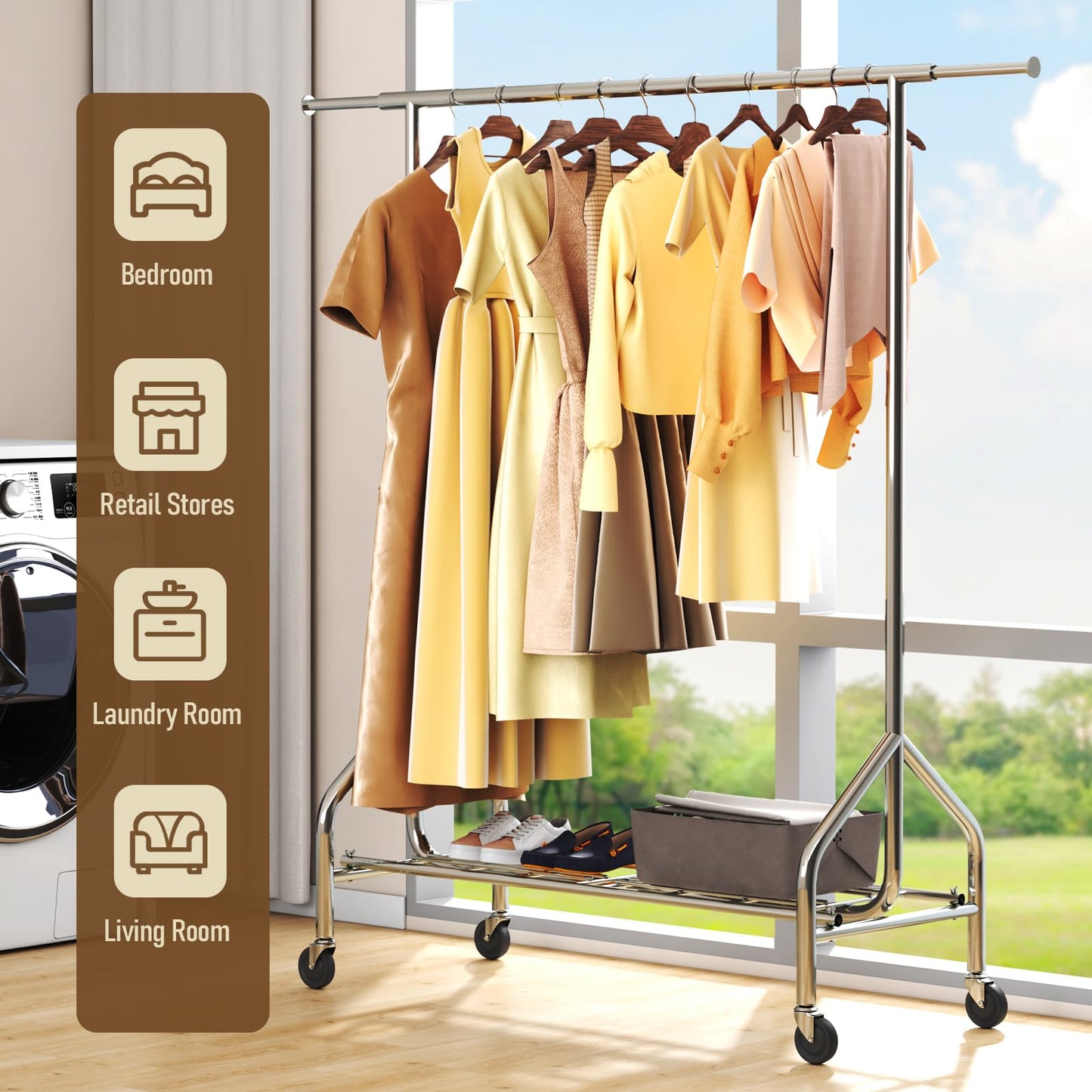 Okmeilnk Heavy Duty Clothes Rack Load 500 LBS,Clothes Clothing Racks for Hanging Clothes with Lockable Wheels & Stable Shelves, Rolling Garment Wardrobe Portable Closet Rack,Sliver