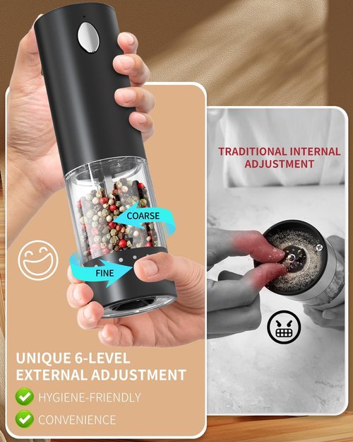 CIRCLE JOY Electric Salt and Pepper Grinder Set - Rechargeable Mills with 6-Level Coarseness & LED Light | Black & White