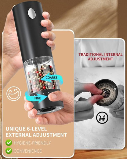 CIRCLE JOY Electric Salt and Pepper Grinder Set - Rechargeable Mills with 6-Level Coarseness & LED Light | Black & White