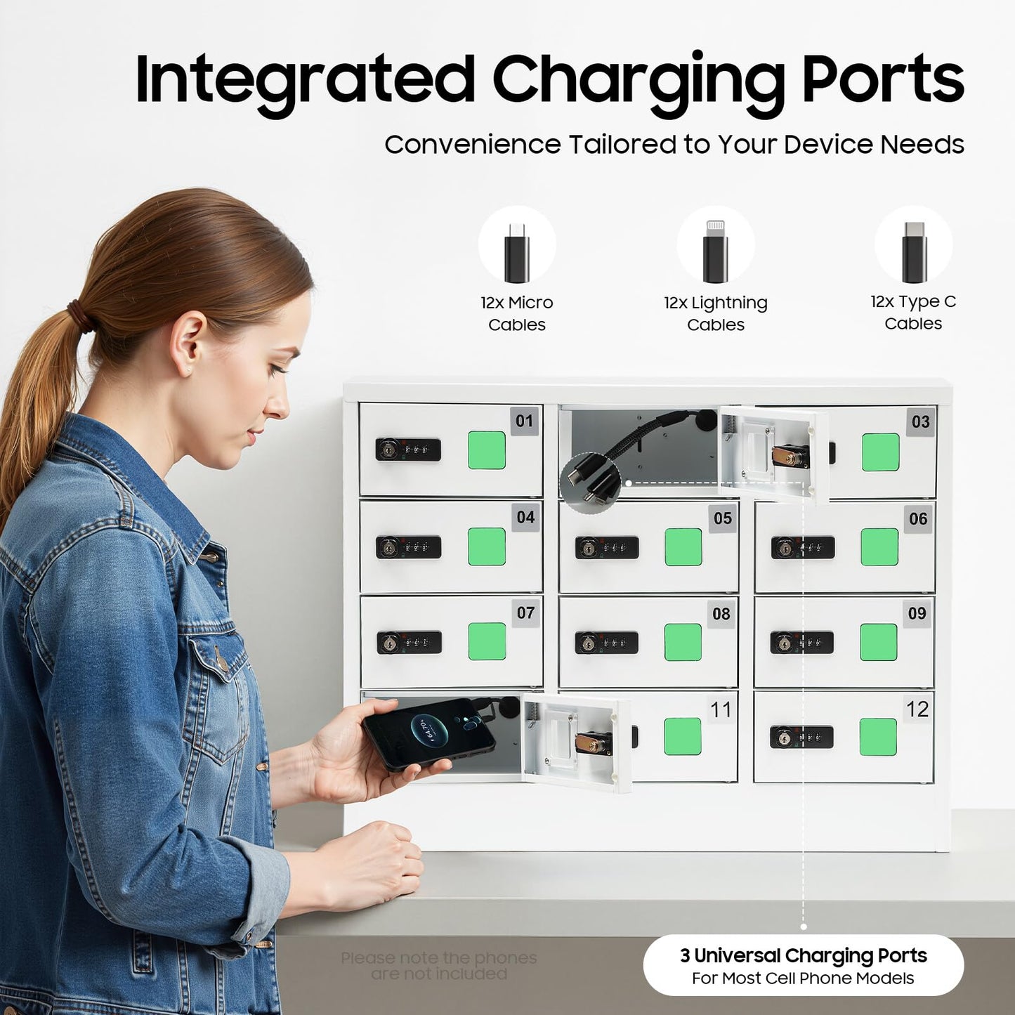 12 Slots Cellphone Charging Station, Cell Phone Charging Cabinet with 3 in 1 Cable, Combination Lock QC3.0 5-9V Fast Charging for Students and Employees (12 Slots)