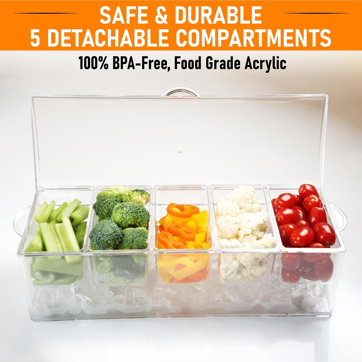 Ice Chilled Condiment Containers with Hinged Lid - Chilled Condiment Server with Lid, Clear Serving Tray Includes 5 Detachable Compartments, 3 Tongs, 3 Spoon and 1 Grey Pad