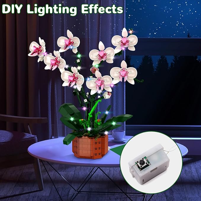 Orchid Building Blocks Set with LED Light – DIY Artificial Flower Kit for Home Decoration for Adults and Kids 6-14Ideal for BirthdaysSpecial Occasions729-Piece Mother 's Day