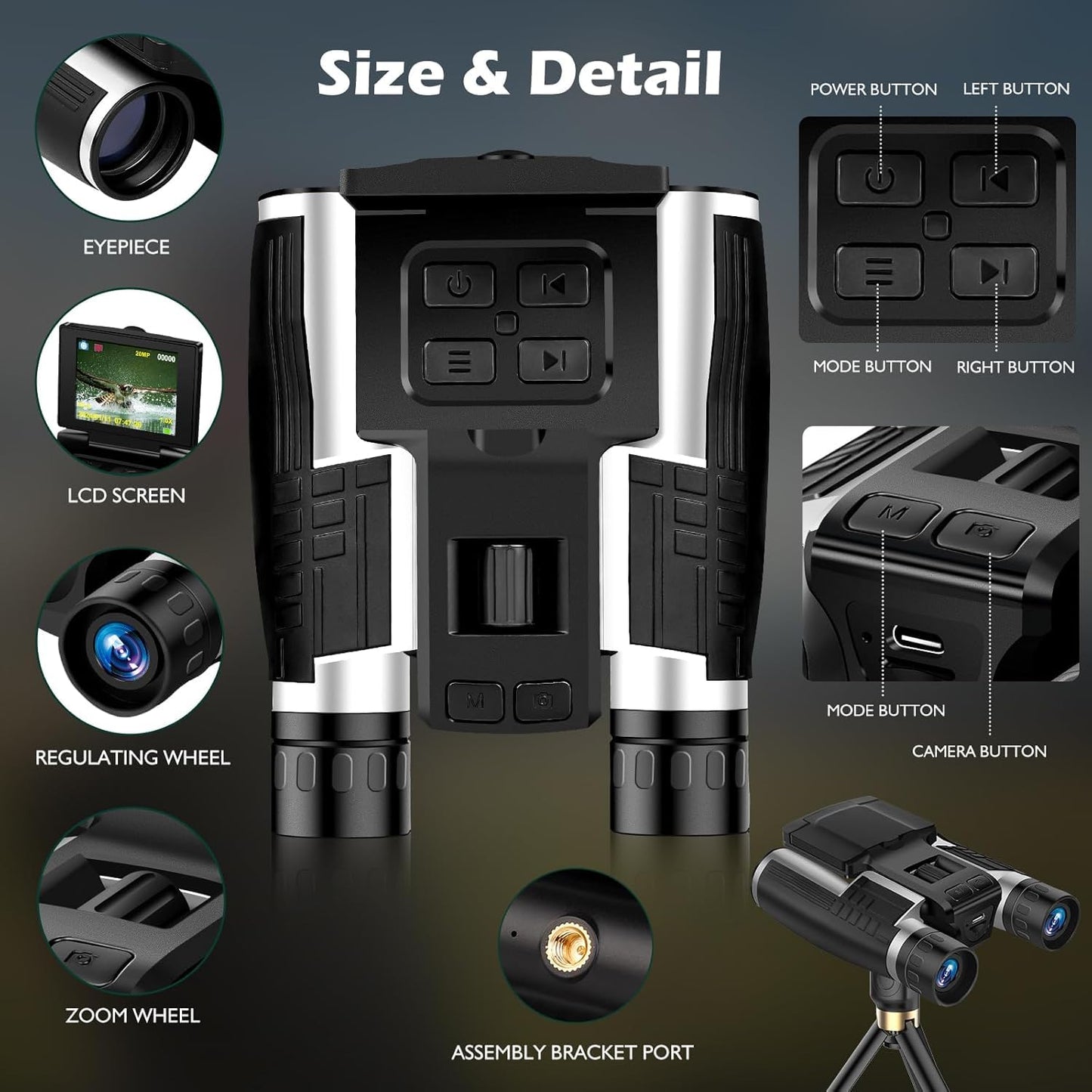2-in-1 Digital Camera Binoculars for Adults, 12x32 HD with 2.4" LCD Display, 48MP & 2.5K Video Recording, 8X Digital Zoom for Bird Watching, Concerts, Travel 32GB
