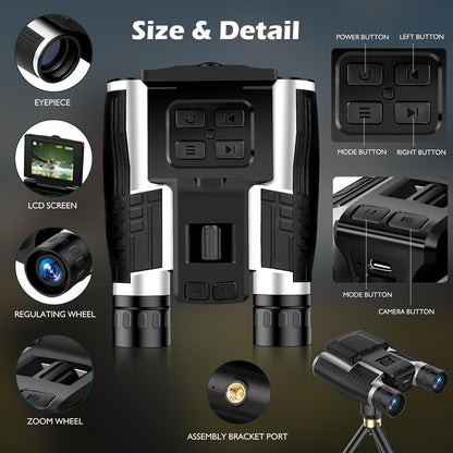 2-in-1 Digital Camera Binoculars for Adults, 12x32 HD with 2.4" LCD Display, 48MP & 2.5K Video Recording, 8X Digital Zoom for Bird Watching, Concerts, Travel 32GB