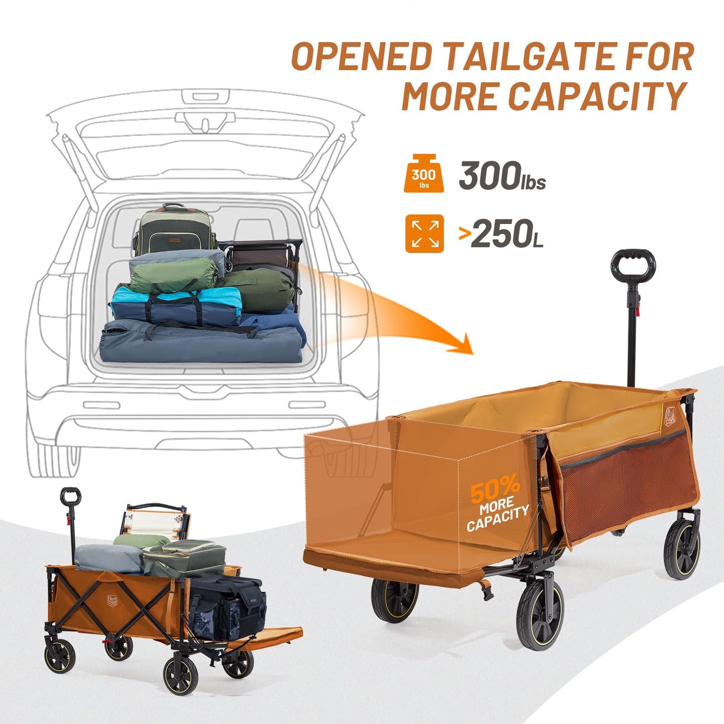 Timber Ridge 49" Extra Long Collapsible Folding Wagon with Tailgate and Brakes, 300lbs Heavy Duty Foldable Wagon with Adjustable Handle, 250L Capacity Portable Cart for Outdoor Camping Sports, Orange