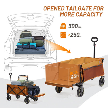 Timber Ridge 49" Extra Long Collapsible Folding Wagon with Tailgate and Brakes, 300lbs Heavy Duty Foldable Wagon with Adjustable Handle, 250L Capacity Portable Cart for Outdoor Camping Sports, Orange
