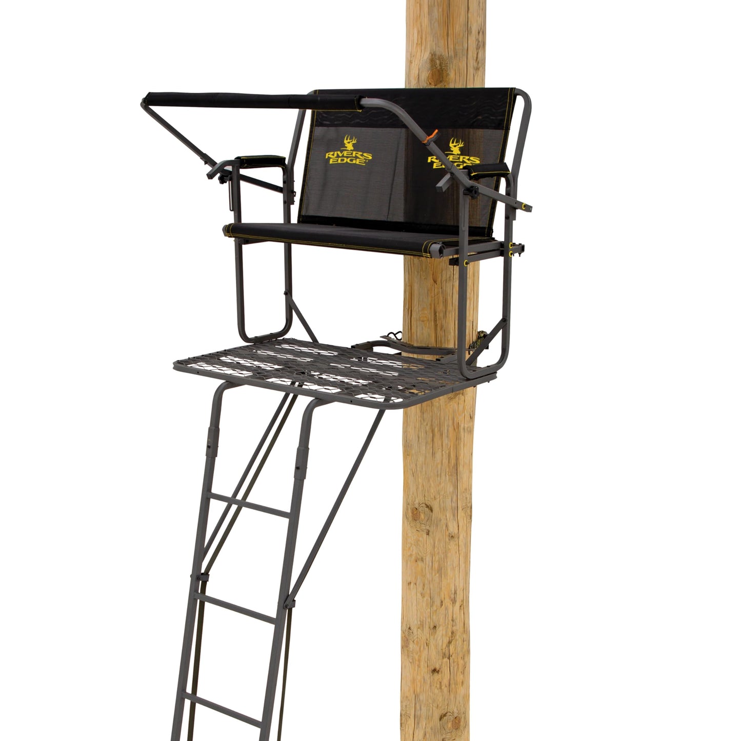 Rivers Edge TwoPlex LS 2-Man Ladder Stand, 17’1” Height, Lockdown Strapping System, Flip-Up TearTuff Mesh Bench Seat, 40” Wide Platform, 2-Way Adjustable Shooting Rail, RE669