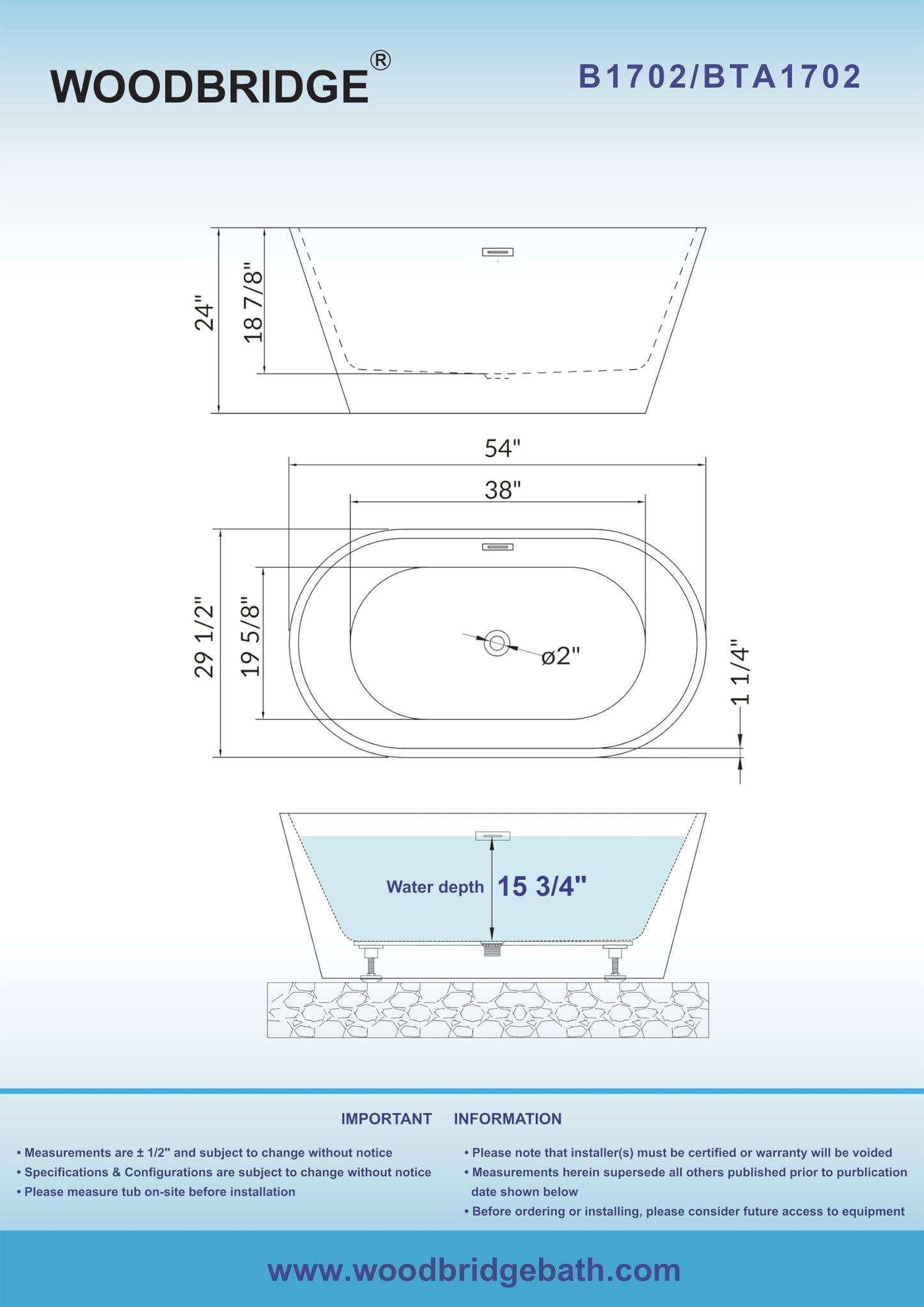 WOODBRIDGE 54"Freestanding White Acylic Soaking Bathtub with Brushed Gold Drain and Overflow,BTA1702-BG-Drain&O