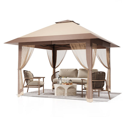 OutdoorVibe 13'x13' Gazebo, Pop Up Patio Gazebo Outdoor Canopy Tent with Double Roof Mosquito Netting & Portable Carry Bag for Backyard Lawn Deck Garden (Khaki)