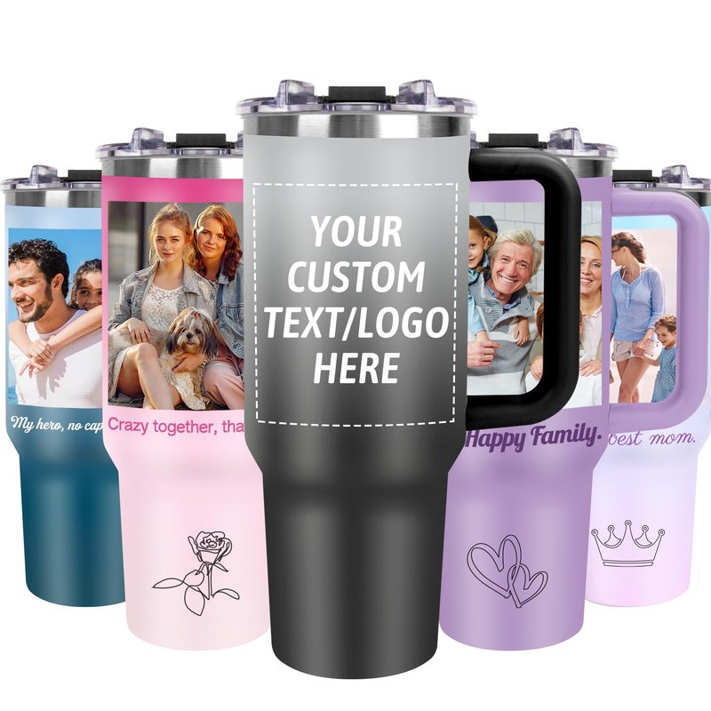 Personalized 40oz Tumbler with Pictures Text, Custom Tumbler with Handle and Straw, Stainless Steel Travel Coffee Cup Mug, Personalized Gifts for Women Men kids Birthday Christmas Anniversary