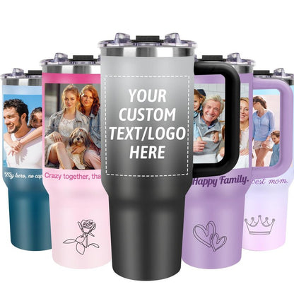 Personalized 40oz Tumbler with Pictures Text, Custom Tumbler with Handle and Straw, Stainless Steel Travel Coffee Cup Mug, Personalized Gifts for Women Men kids Birthday Christmas Anniversary