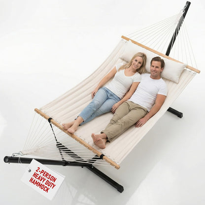 FULIYE Double Hammock with Stand for Outdoor，2 Person Heavy Duty Portable Hammock with Adjustable Steel Stand and Balance Ropes Included – for Patio, Backyard, Garden, Beach((Beige)