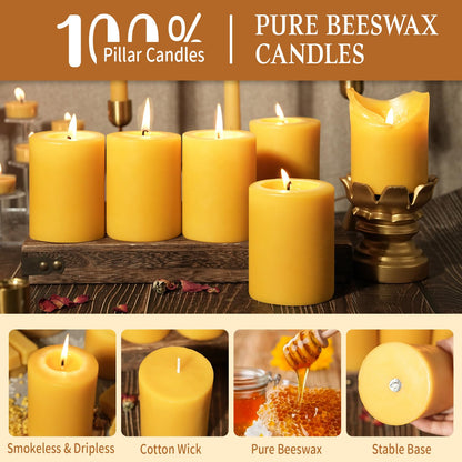 Natural Beeswax Pillar Candle, 120 Hours Long Burning Emergency Candles Unscented Pure Beeswax Pillar Candles 3x4in Dripless Bees Wax Candles for Home Paryer Parties, 2 Packs