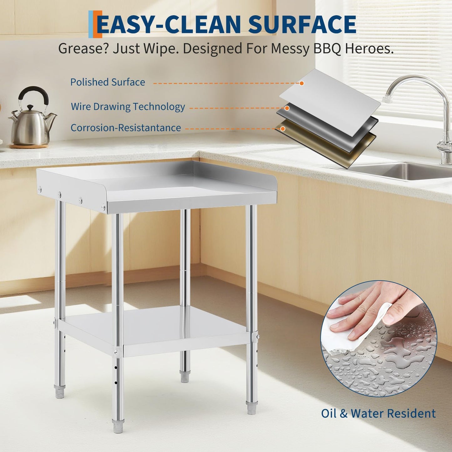 24 * 30 * 30inch Equipment Grill Stand Table, 400 Lbs Capacity Commercial Prep Table with Removable Baffle, NSF-Certified Stainless Steel Worktable, for Restaurant Kitchen Food Truck Outdoor BBQ