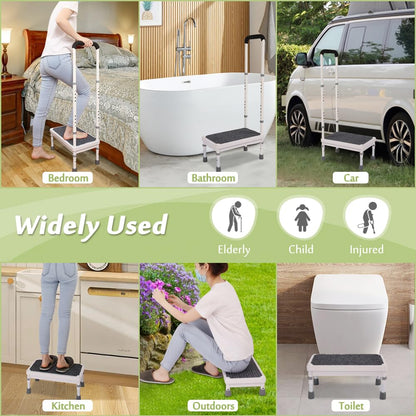 Medical Step Stool with Handle for Elderly Bed Steps for High Beds Adults Bedside Steps with Rail Safety Handicap Bed Stairs Seniors Adjustable Platform Heavy Duty Stepping Stool