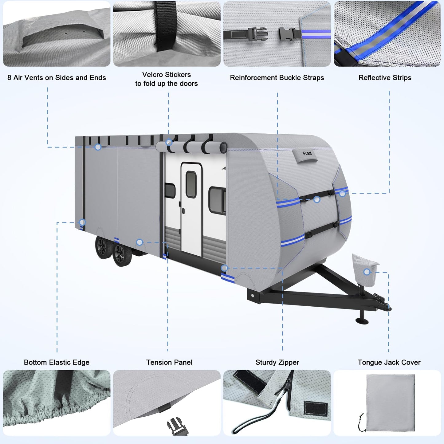 RV Cover 30-33ft, 7 Layers Heavy Duty Travel Trailer Cover, Weatherproof & UV Resistant Camper Cover with 10 Windproof Straps, 4 Tire Covers, Storage Bag, Gutter & Tongue Jack Covers