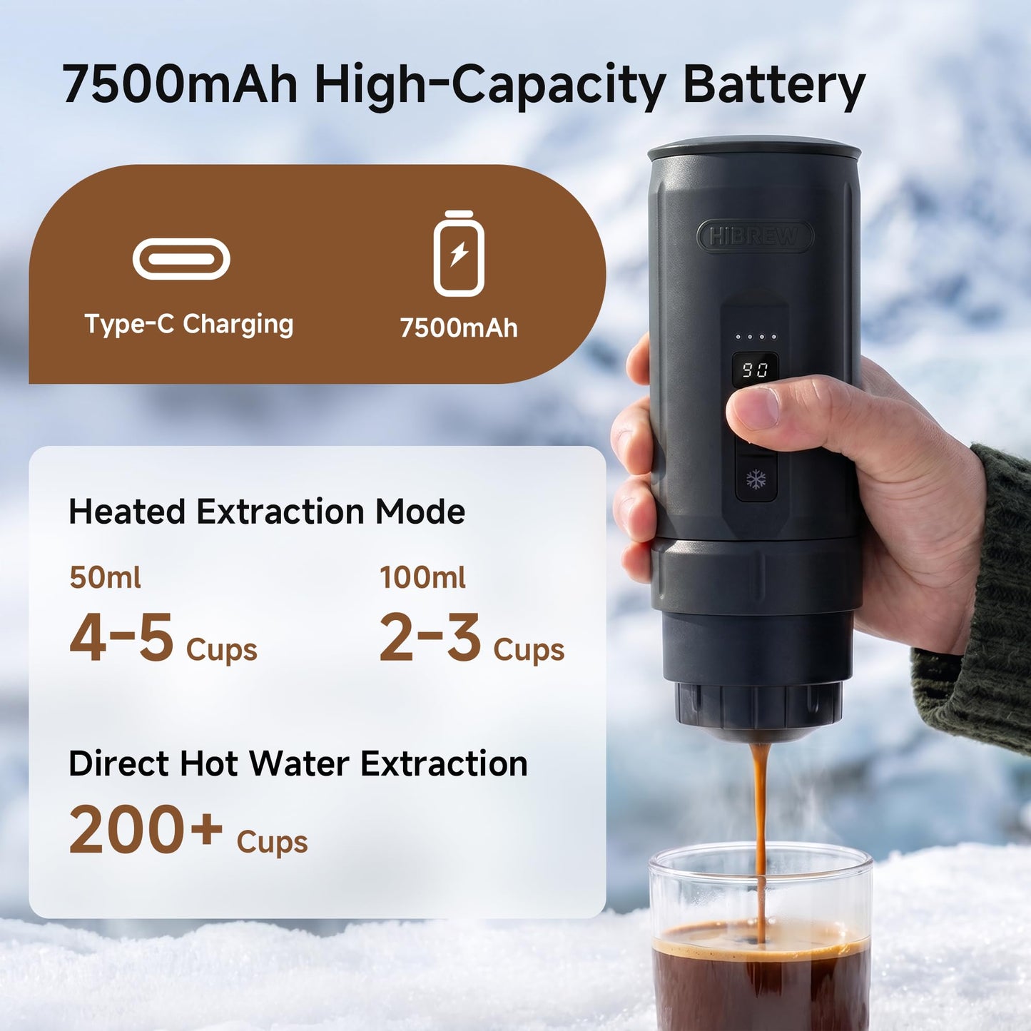 HIBREW H4C Classic - Portable Electric Espresso Machine, USB-C Rechargeable Coffee Maker with Removable Battery, Compatible with Ground Coffee & NS Capsules, Travel & Home(Black)