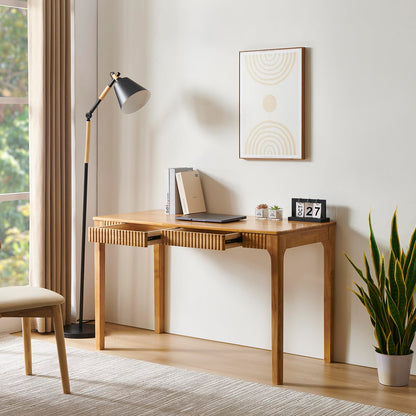JTYP Solid Wood Desk with Drawers, Light Wood Desk for Small Spaces, Small Writing Desk for Bedroom, Gaming Study Home Office Wooden Desks for Work, 39 inch Wood Computer Desk