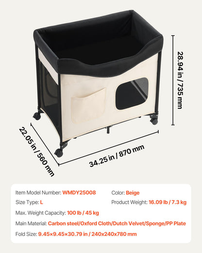 VEVOR Bedside Lounge Pet Bed, Foldable Bunk Dog Bed with 600D Oxford Cloth and Dutch Velvet, Portable Raised Cot with Wheels, Side Storage Bags, and Carry Bag for Cats & Dogs, L, Beige