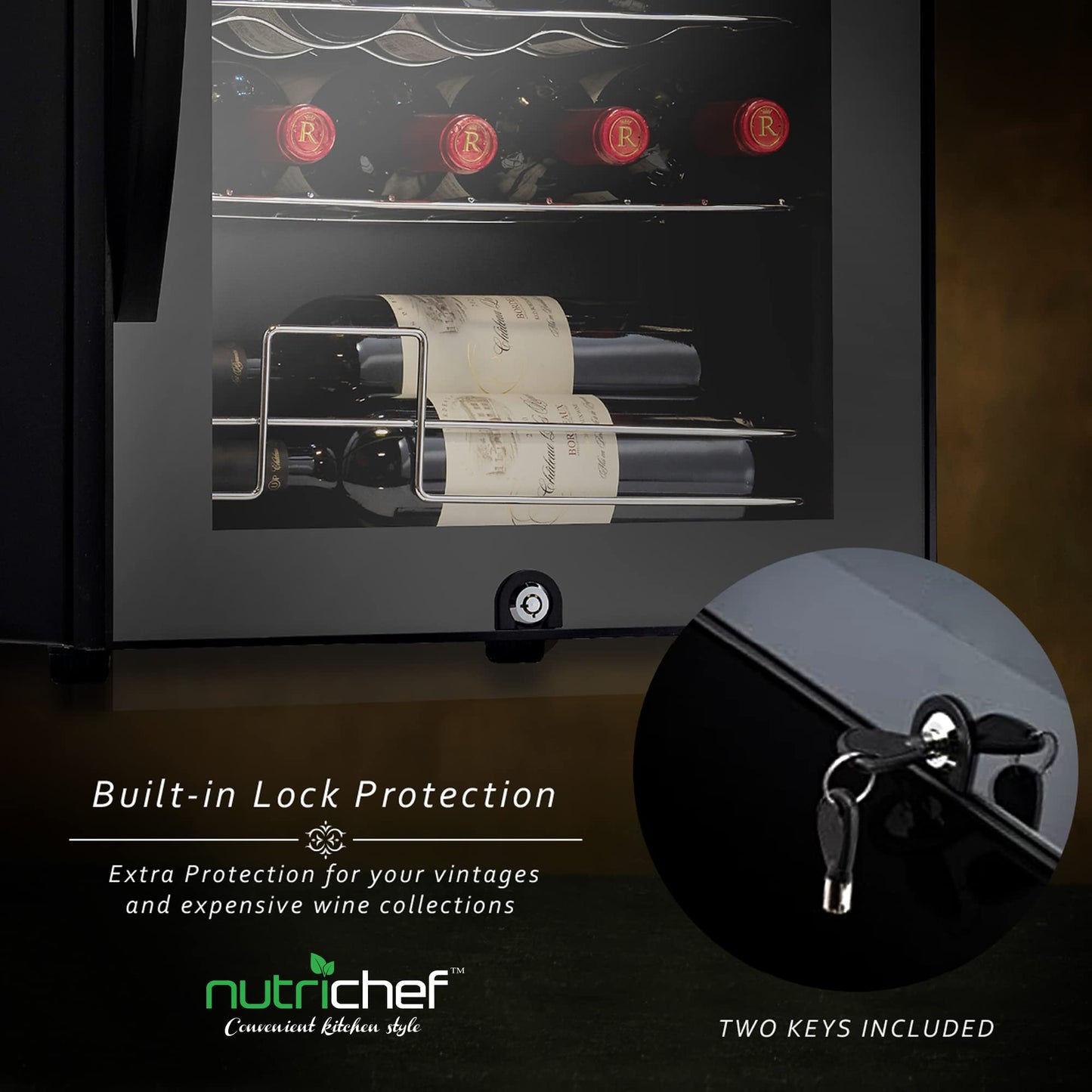 Nutrichef 28 Bottle Wine Fridge | Dual Zone Adjustable Temperature Control 41°F to 64°F | Ultra Quiet Operation | Cooler For Home, & Office | Free-Standing 33x16x17 IN (Black)