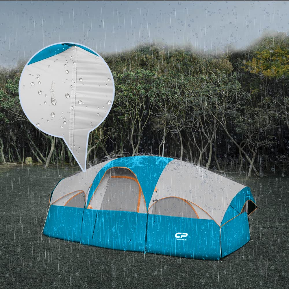 CAMPROS CP Tent 8 Person Camping Tents, Weather Resistant Family Tent, 5 Large Mesh Windows, Double Layer, Divided Curtain for Separated Room, Portable with Carry Bag - Sky Blue