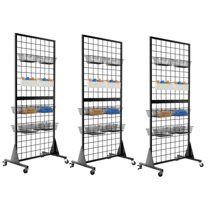 QKOSMTL 3-Pack Gridwall Panel Display Stand, 2'x5.5' Heavy Duty Floor Standing Rack with Detachable Girdwall, Movable Silent Wheel, Easy to Transport, Ideal for Retail & Craft Fairs